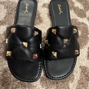 Black Quilted Slide Sandals with Gold Stud Accents, Womens Size 8